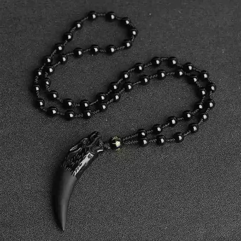 Collier pendentif amulette pierre d'obsidienne dent de LOUP