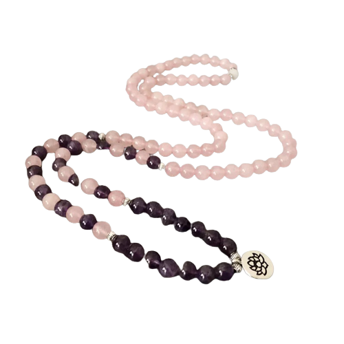 Bracelet Mala Lotus"Amour et Compassion" de 108 perles en Quartz Rose et Améthyste
