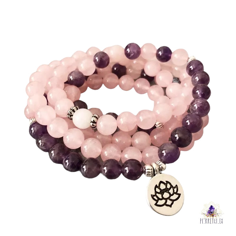 Bracelet Mala Lotus"Amour et Compassion" de 108 perles en Quartz Rose et Améthyste