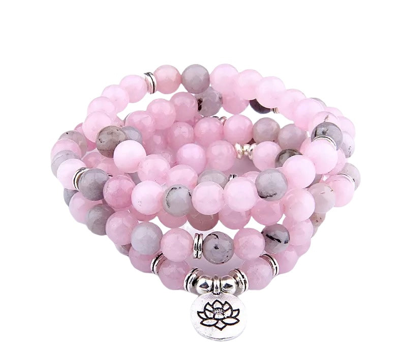 Bracelet Mala d'amour éternel"Lotus" en 108 perles de Quartz rose et labradorite