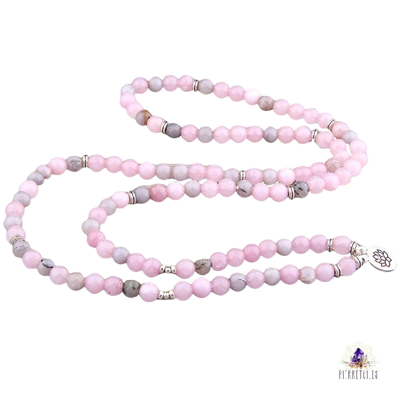 Bracelet Mala d'amour éternel"Lotus" en 108 perles de Quartz rose et labradorite