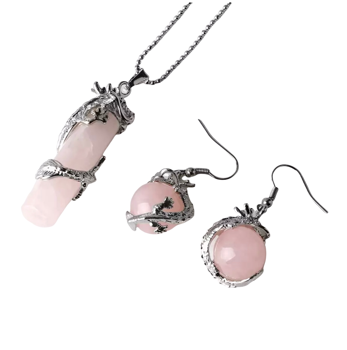 Parure Collier pendentif et Boucles d'oreilles dragon quartz rose