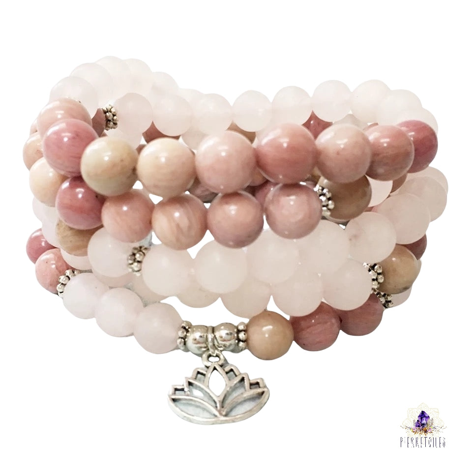 Bracelet mala" un amour de Lotus" quartz rose et Rhodonite