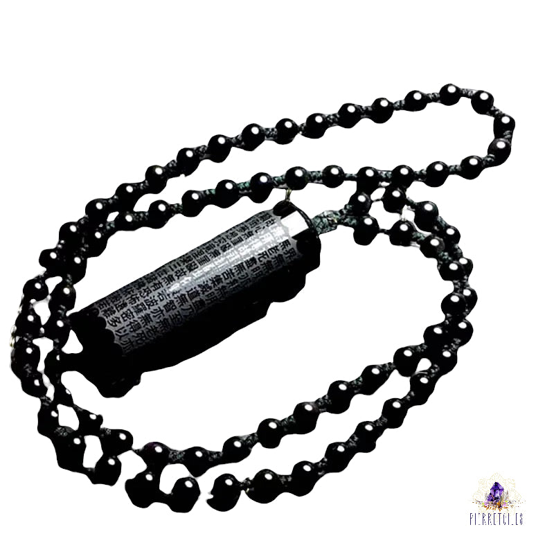 Collier pendentif Sutra de Bouddha en Obsidienne noire Cordon (AVEC PERLE)