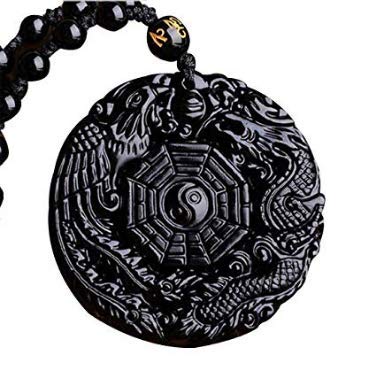 Collier yin yang amulette, pendentif TAO, Bagua, trigramme, dragon et phenix, obsidienne