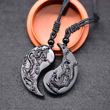 Collier couple" force de l'amour" dragon et phoenix yin yang en Obsidienne