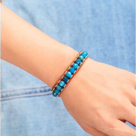 Bracelet apatite bleue Fluidité des énergies en cuir naturel