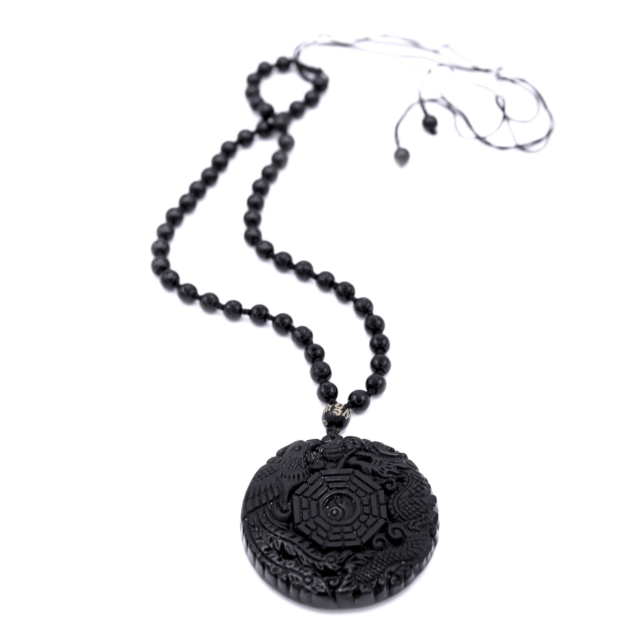 Collier yin yang amulette, pendentif TAO, Bagua, trigramme, dragon et phenix, obsidienne